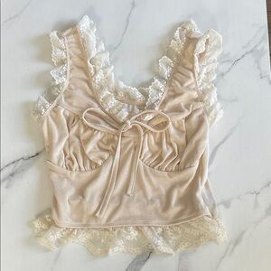 Lace Trimmed Beige Crop Top